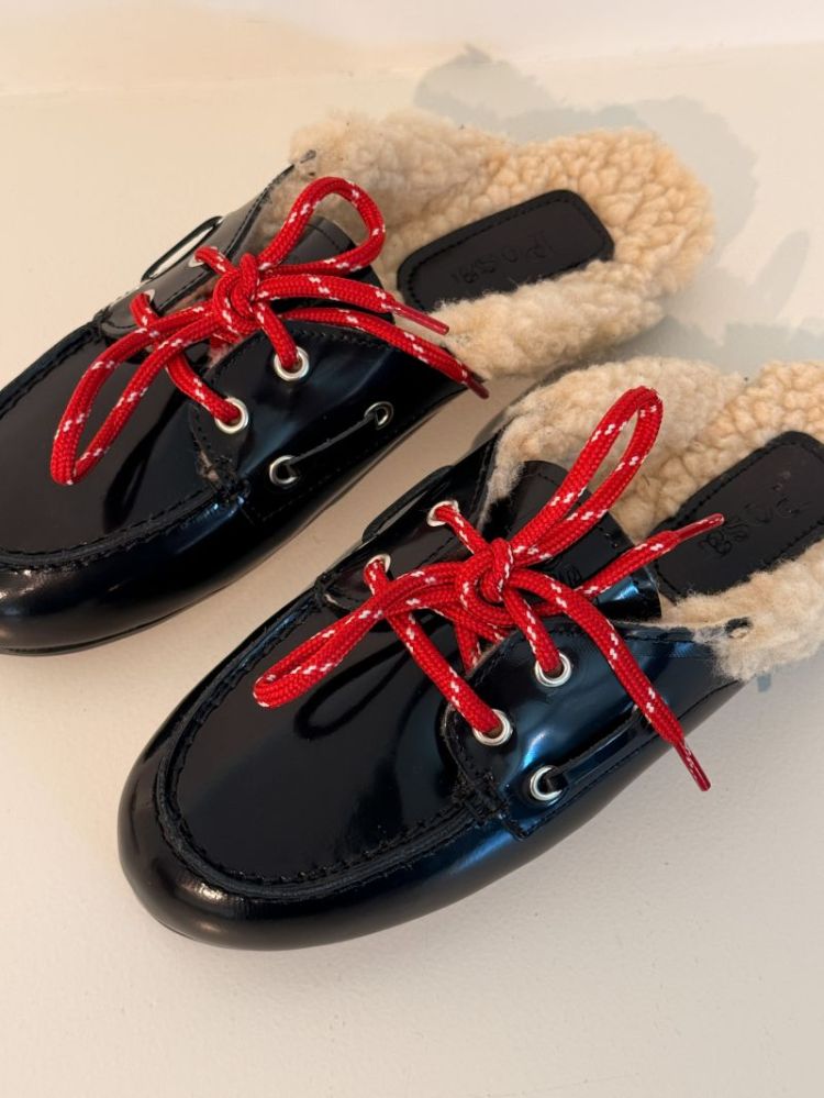 BOATLOAFER MULE FUR BOX LEATHE BLACK