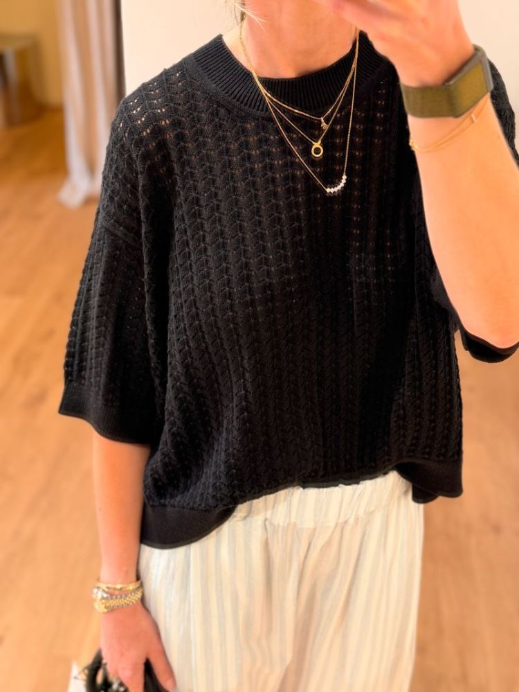BESS LACE KNIT T-SHIRT  BLACK