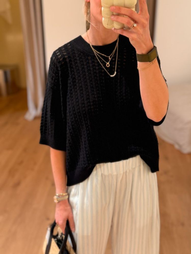 BESS LACE KNIT T-SHIRT  BLACK