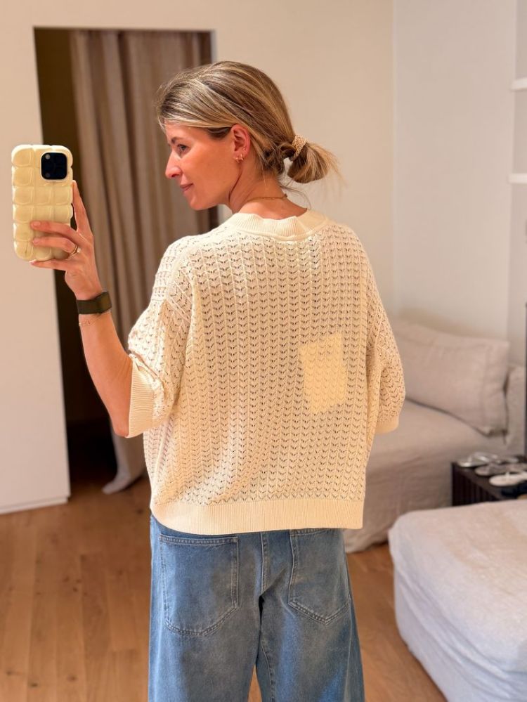 BESS LACE KNIT T-SHIRT  CREAM