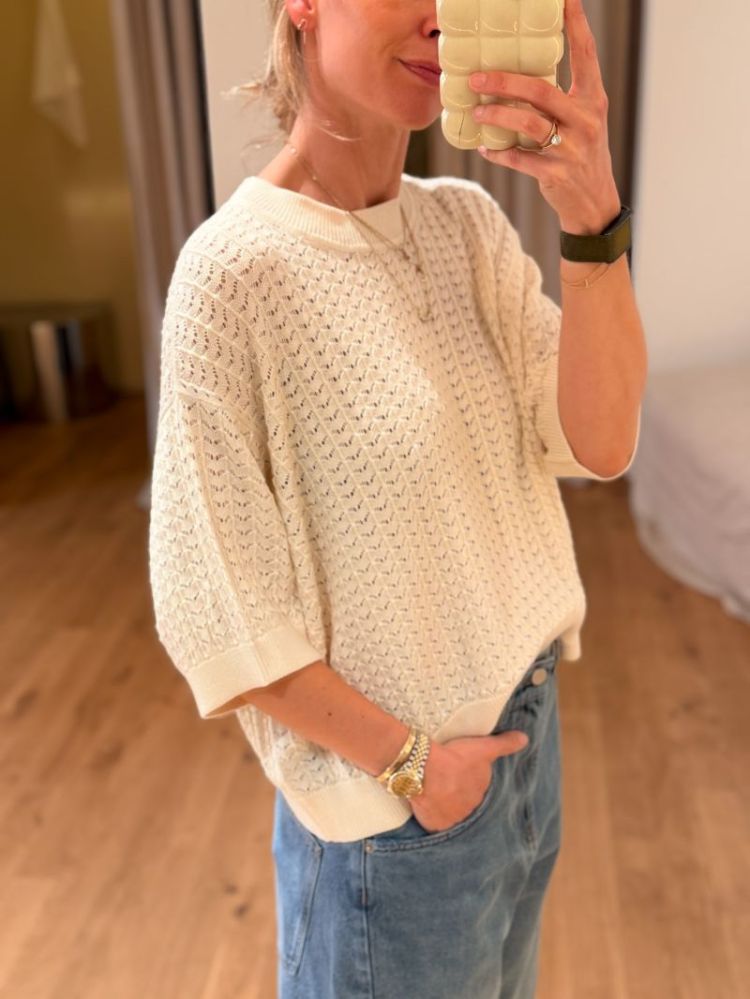 BESS LACE KNIT T-SHIRT  CREAM