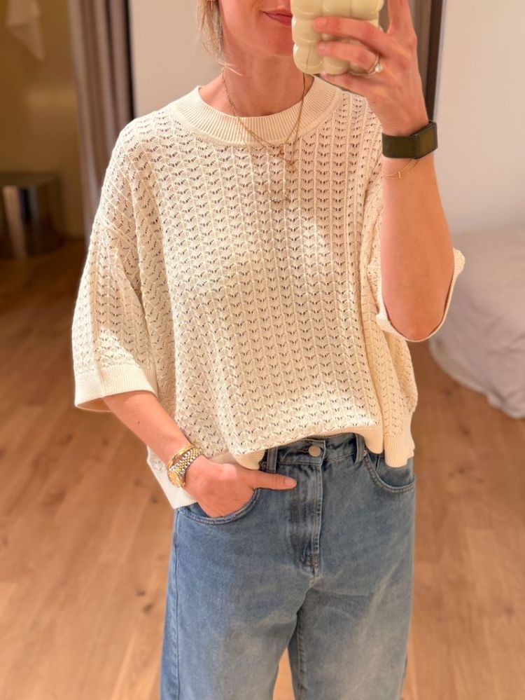 BESS LACE KNIT T-SHIRT  CREAM